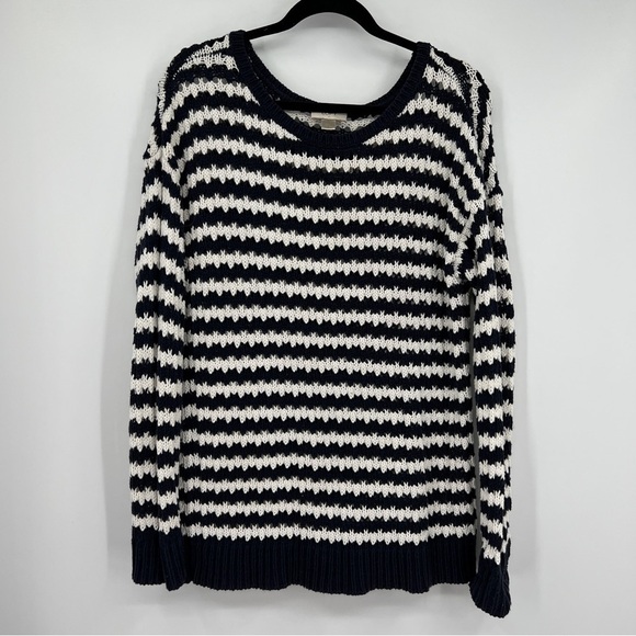 Loft Striped Ribbed Open Knit Roundneck Long Sleeve Casual Popover Sweater - Picture 1 of 9